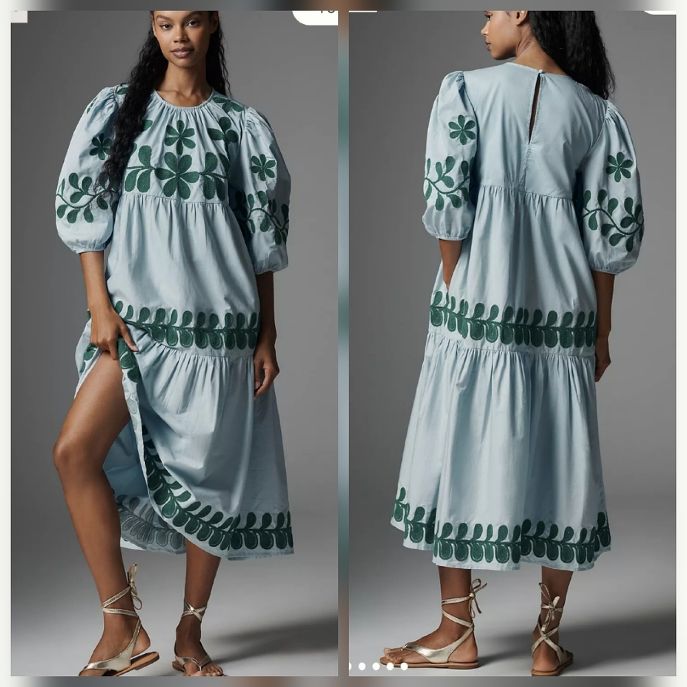 S/M Anthropologie Embroidered Puff Sleeve Midi Dress